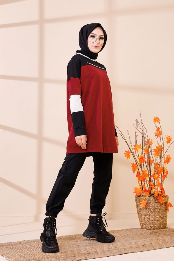 Düz Bisiklet Yaka Kadın Bordo 3383 TUNIK - 3383 BORDO