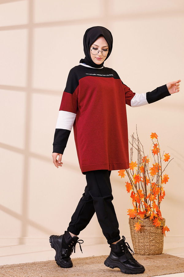 Düz Bisiklet Yaka Kadın Bordo 3383 TUNIK - 3383 BORDO