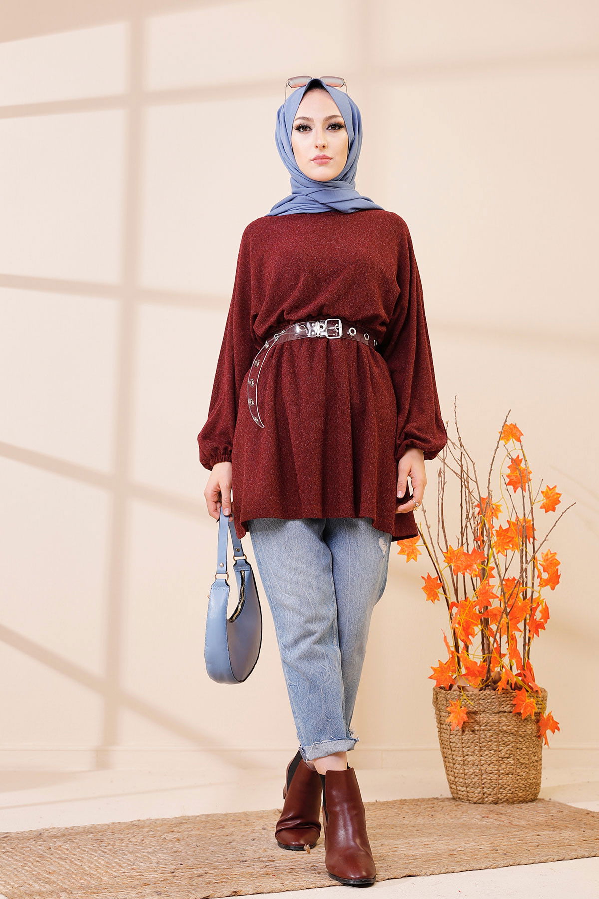 Düz Bisiklet Yaka Kadın Bordo 5283 TUNIK - 5283