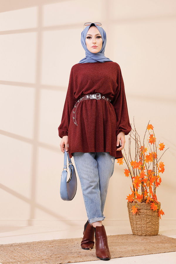 Düz Bisiklet Yaka Kadın Bordo 5283 TUNIK - 5283