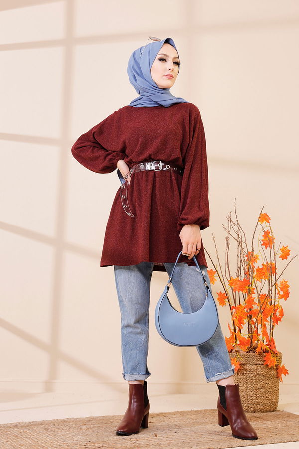 Düz Bisiklet Yaka Kadın Bordo 5283 TUNIK - 5283