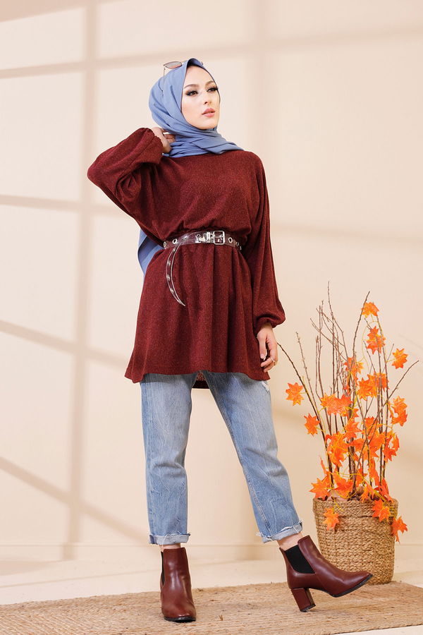 Düz Bisiklet Yaka Kadın Bordo 5283 TUNIK - 5283