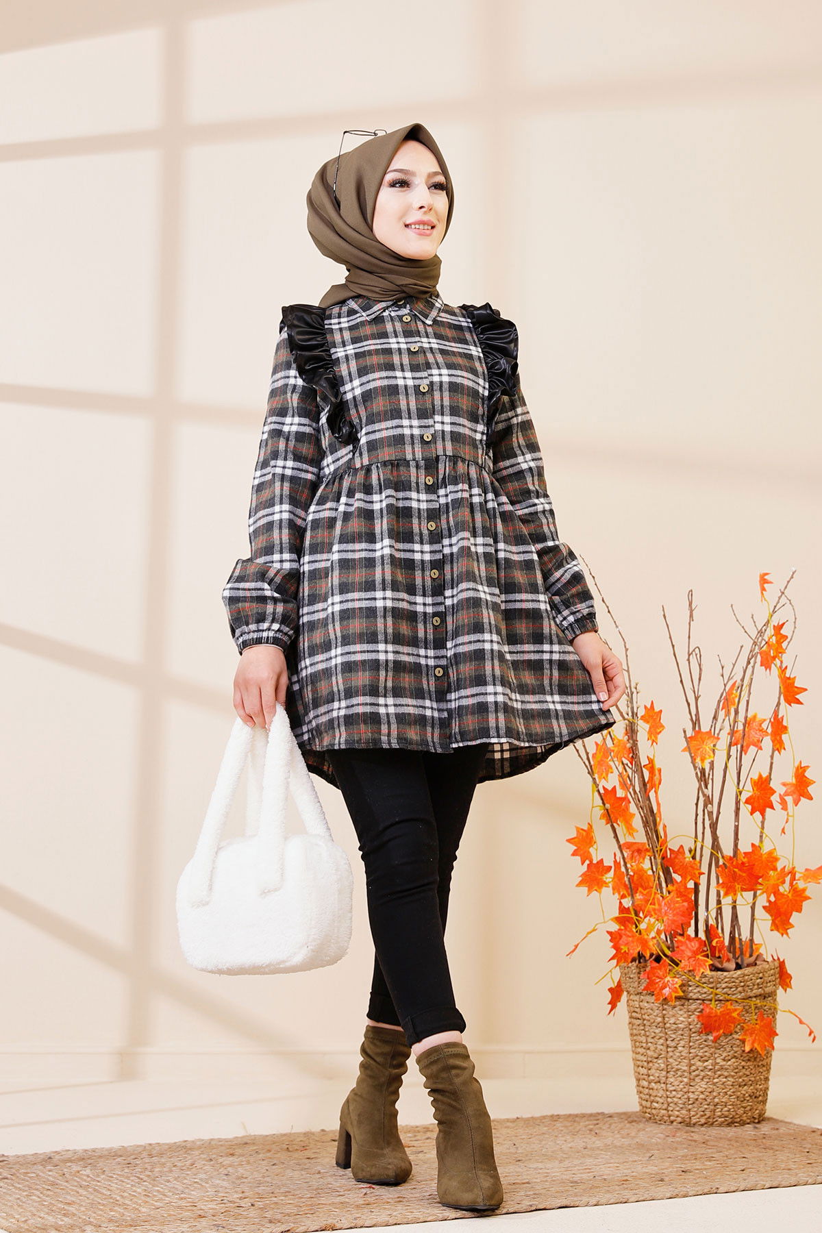 Düz Gömlek Yaka Kadın Haki 3332 TUNIK - Vizon - 46 - 3332 HAKİ