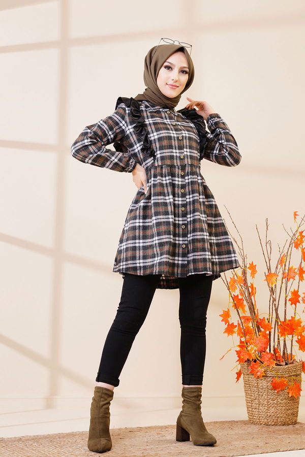 Düz Gömlek Yaka Kadın Haki 3332 TUNIK - Vizon - 46 - 3332 HAKİ
