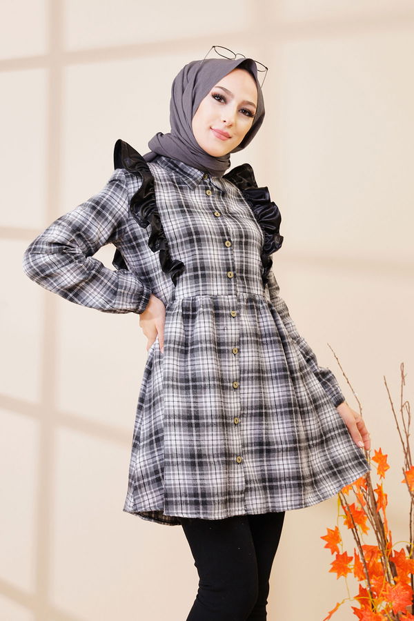 Düz Gömlek Yaka Kadın Gri 3332 TUNIK - Vizon - 46 - 3332