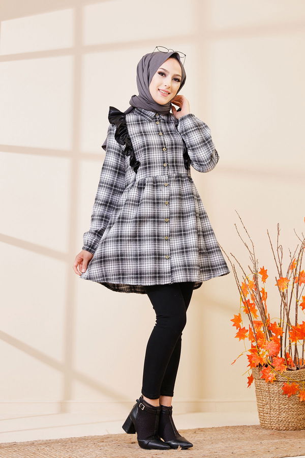 Düz Gömlek Yaka Kadın Gri 3332 TUNIK - Vizon - 46 - 3332