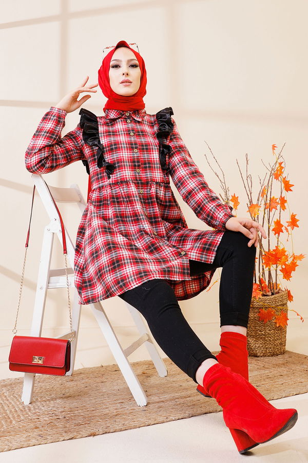 Düz Gömlek Yaka Kadın Kırmızı 3332 TUNIK - Vizon - 46 - 3332 Kırmızı