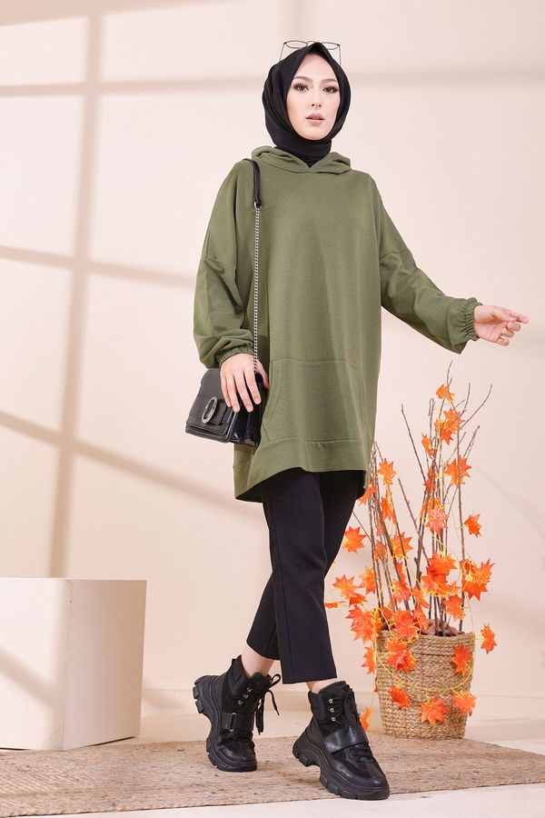 Düz Kapsonlu Yaka Kadın Haki KAPSONLU SWEAT - 3293 HAKİ