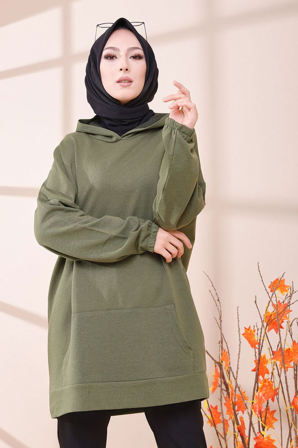 Düz Kapsonlu Yaka Kadın Haki KAPSONLU SWEAT - 3293 HAKİ