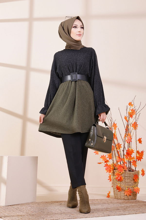 Düz Bisiklet Yaka Kadın Haki 5287 TUNIK - 5287 HAKİ