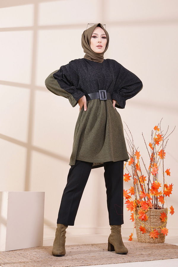 Düz Bisiklet Yaka Kadın Haki 5287 TUNIK - 5287 HAKİ