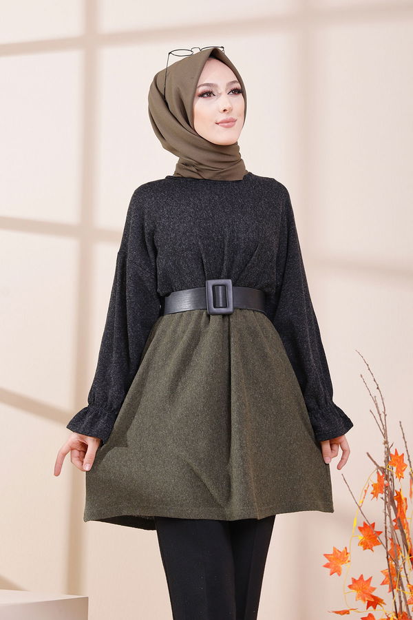 Düz Bisiklet Yaka Kadın Haki 5287 TUNIK - 5287 HAKİ