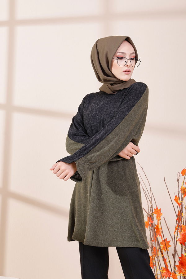 Düz Bisiklet Yaka Kadın Haki 5287 TUNIK - 5287 HAKİ