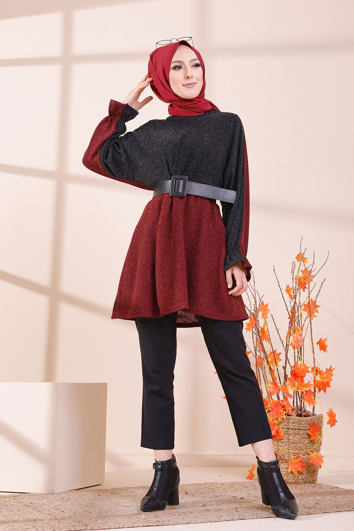 Düz Bisiklet Yaka Kadın Bordo 5287 TUNIK - 5287
