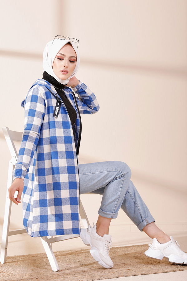 Düz Kapşonlu Yaka Kadın Mavi 3356 TUNIK - Vizon - 46 - 3356 MAVİ