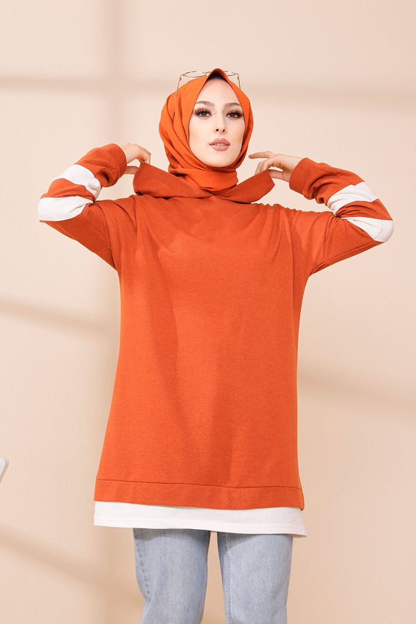 Düz Kapsonlu Yaka Kadın Kiremit Tunik - 3426