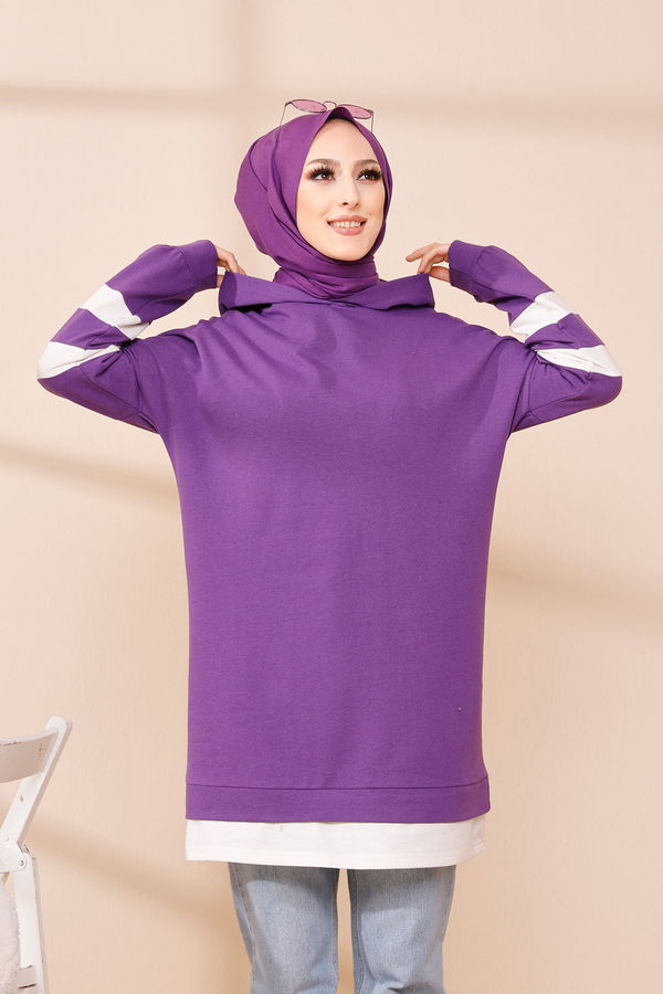 Düz Kapsonlu Yaka Kadın Mor Tunik - 3426 MOR