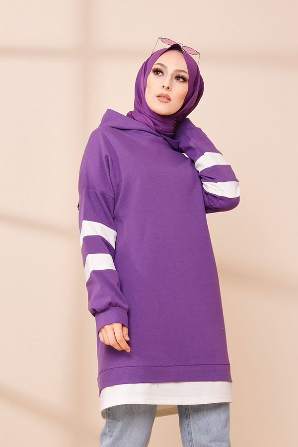 Düz Kapsonlu Yaka Kadın Mor Tunik - 3426 MOR