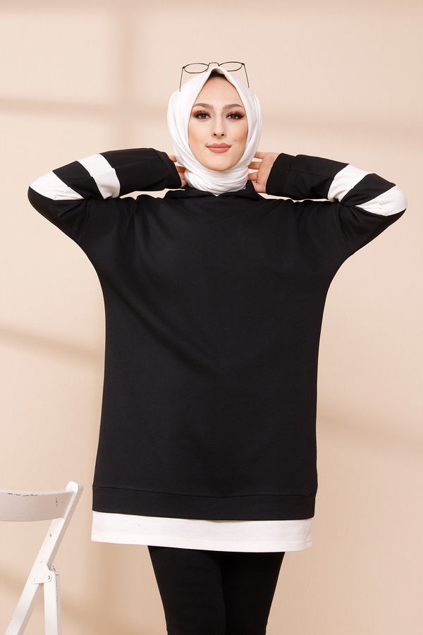Düz Kapsonlu Yaka Kadın Siyah Tunik - 3426 SİYAH