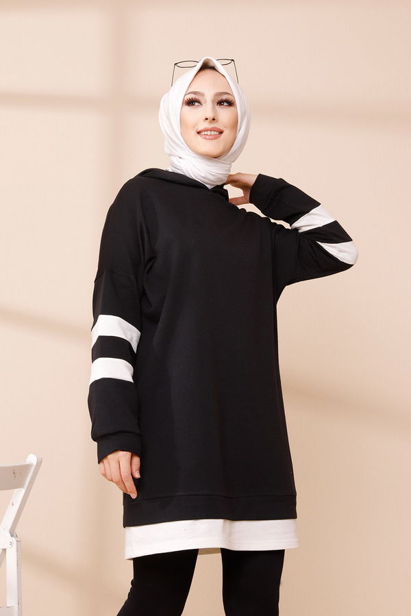 Düz Kapsonlu Yaka Kadın Siyah Tunik - 3426 SİYAH