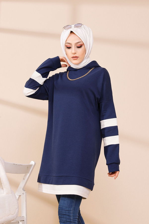 Düz Kapsonlu Yaka Kadın Lacivert Tunik - 3426 LACİVERT
