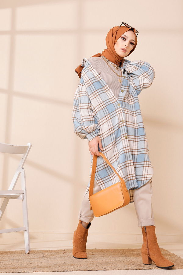 Düz Gömlek Yaka Kadın Mavi 8670 TUNIK - 8670 MAVİ