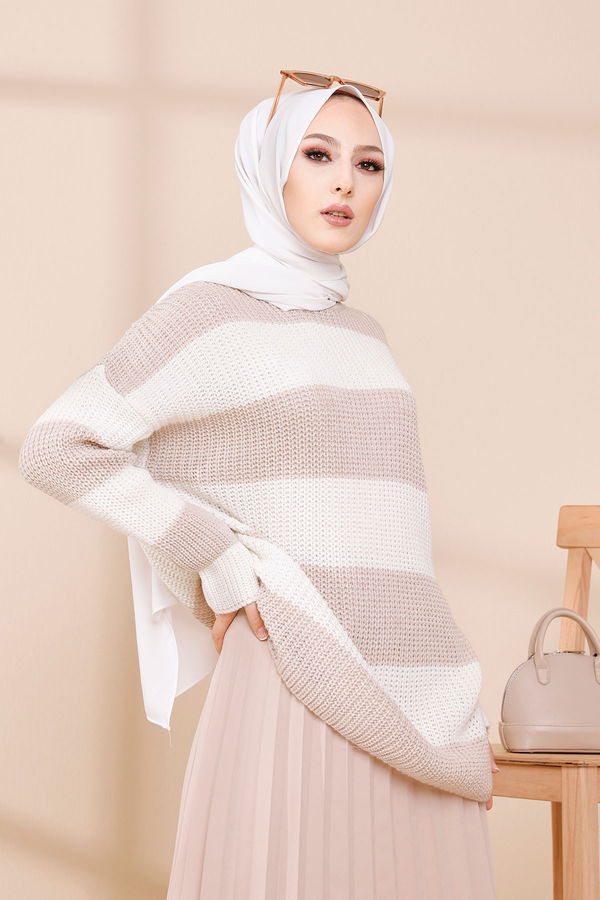 Düz Bisiklet Yaka Kadın Bej 8648 KAZAK - 8648 BEJ