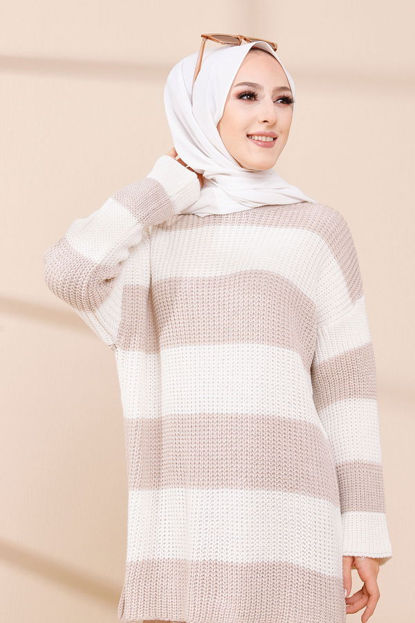 Düz Bisiklet Yaka Kadın Bej 8648 KAZAK - 8648 BEJ