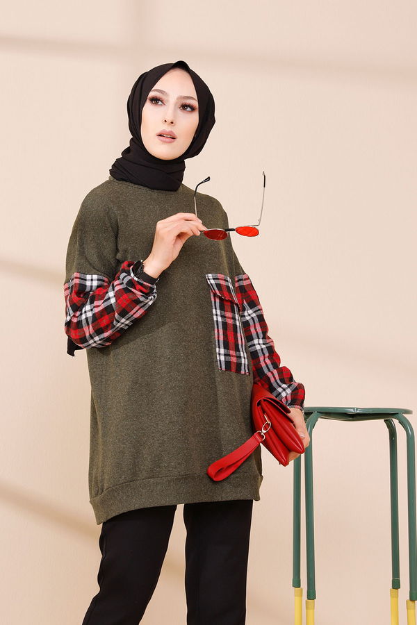 Düz Bisiklet Yaka Kadın Haki 5279 TUNIK - 5279