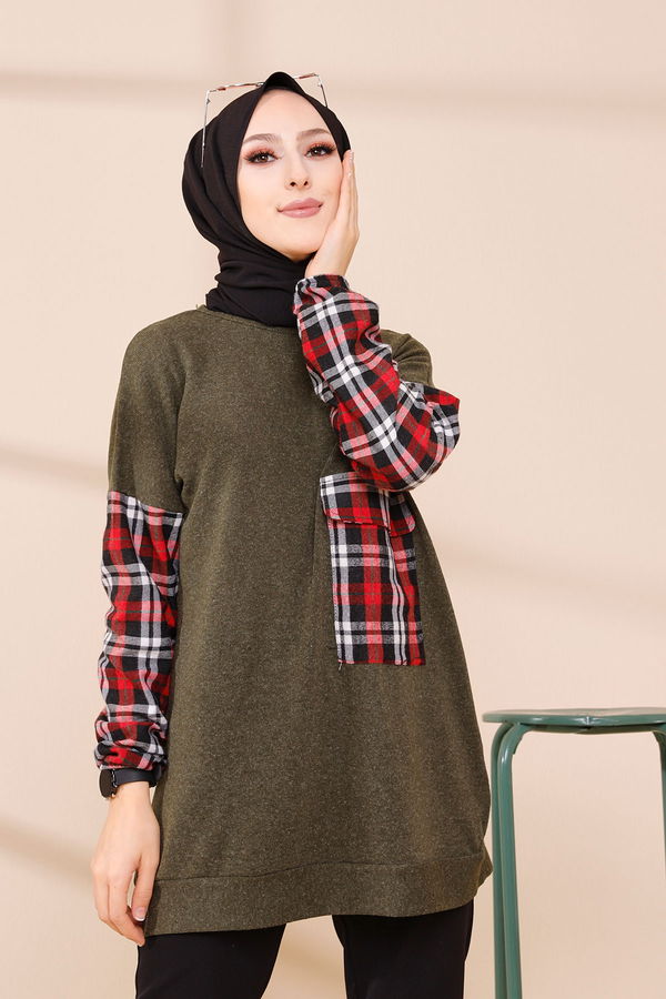 Düz Bisiklet Yaka Kadın Haki 5279 TUNIK - 5279