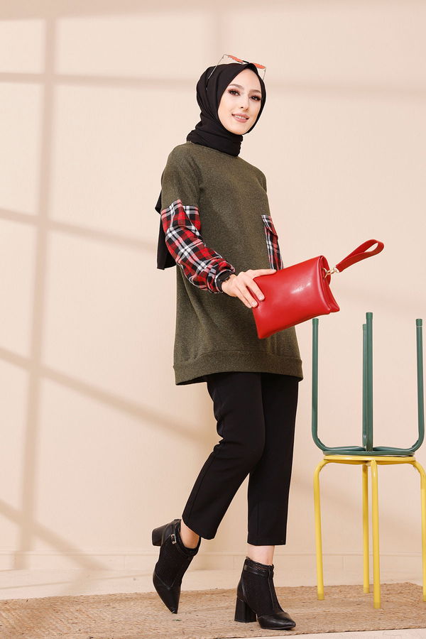 Düz Bisiklet Yaka Kadın Haki 5279 TUNIK - 5279
