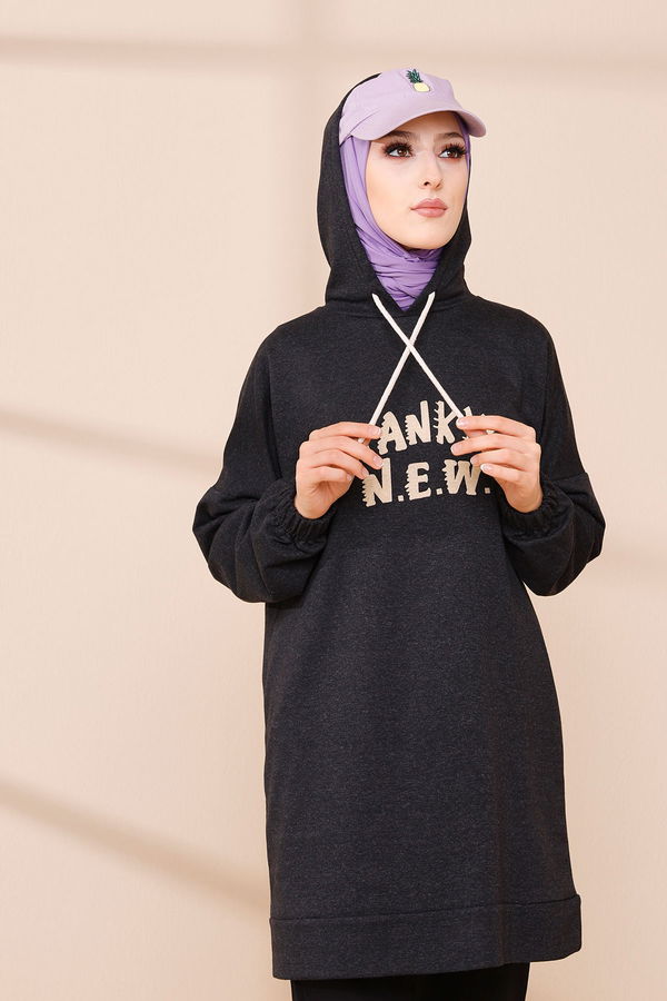 Düz Orta Kadın Siyah BASKILI KAPSONLU TUNIK - 4167