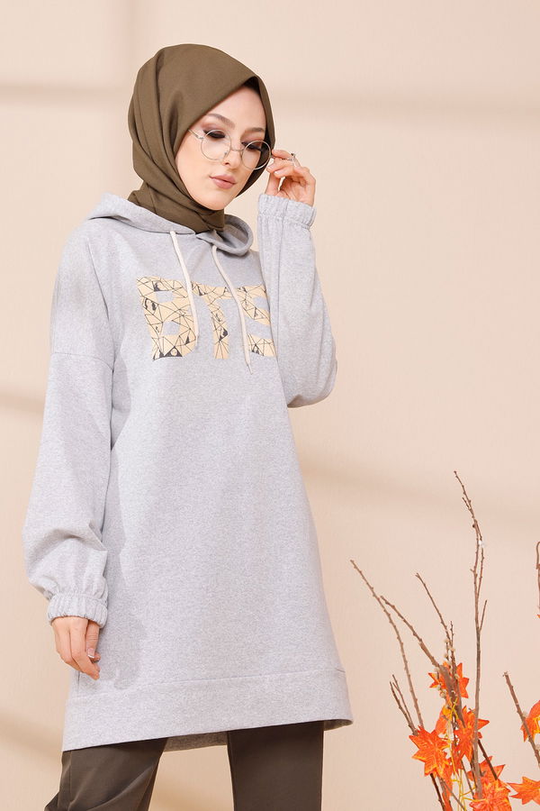 Düz Orta Kadın Gri BASKILI TUNIK - 4169 GRİ