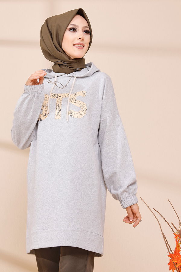 Düz Orta Kadın Gri BASKILI TUNIK - 4169 GRİ