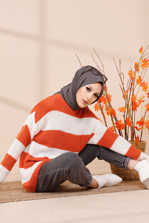 Düz Bisiklet Yaka Kadın Kiremit 8648 KAZAK - 8648 KİREMİT