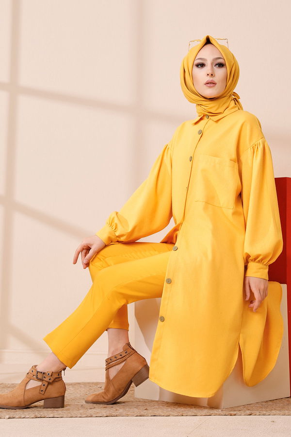 Düz Gömlek Yaka Kadın Sarı TUNIK - 13275 Sarı