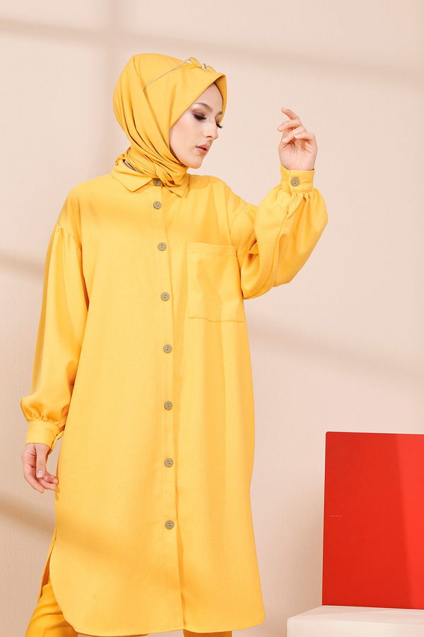 Düz Gömlek Yaka Kadın Sarı TUNIK - 13275 Sarı