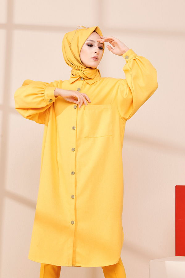 Düz Gömlek Yaka Kadın Sarı TUNIK - 13275 Sarı