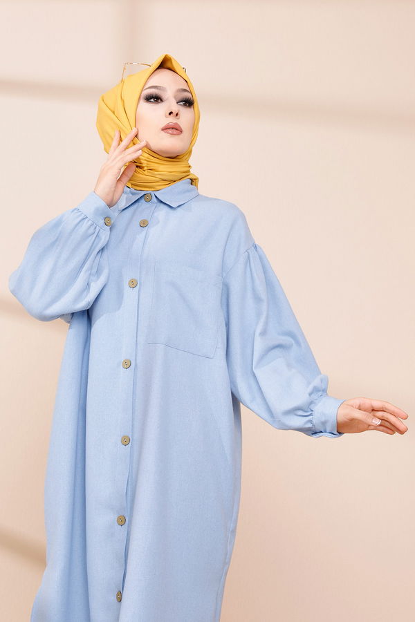 Düz Gömlek Yaka Kadın Mavi TUNIK - 13275