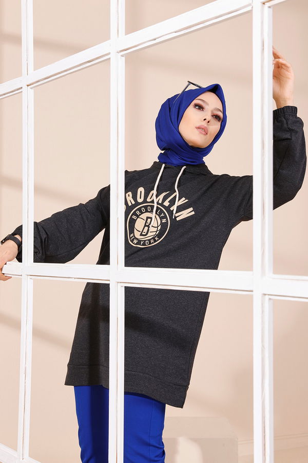 Düz Orta Kadın Antrasit BASKILI KAPSONLU TUNIK - 4177