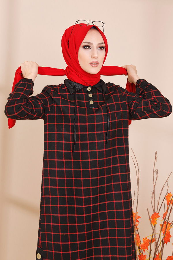 Düz Gömlek Yaka Kadın Kırmızı 3310 TUNIK - Yeşil - 46 - 3310
