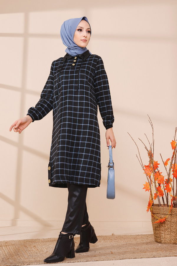 Düz Gömlek Yaka Kadın Mavi 3310 TUNIK - Yeşil - 46 - 3310 MAVİ