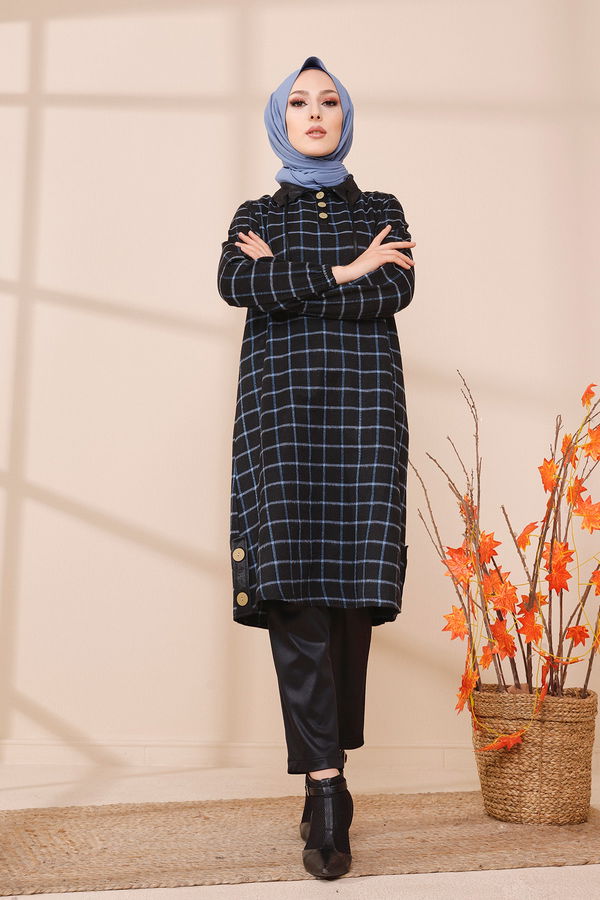 Düz Gömlek Yaka Kadın Mavi 3310 TUNIK - Yeşil - 46 - 3310 MAVİ