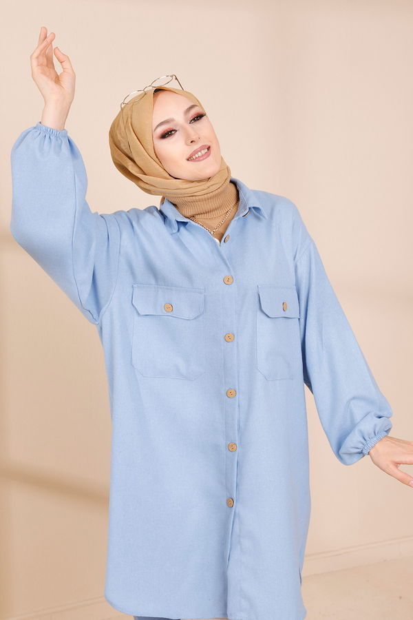 Düz Gömlek Yaka Kadın Mavi TUNIK - 13303 MAVİ