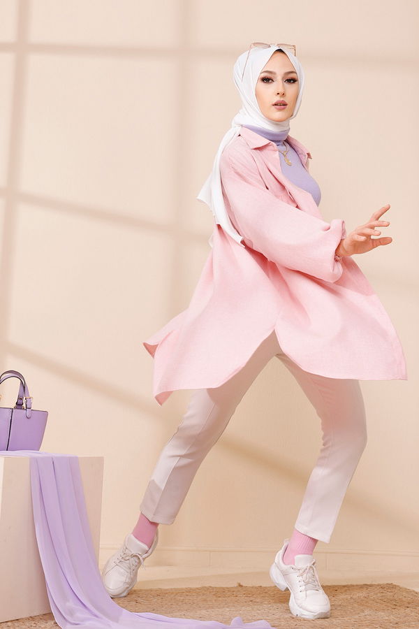 Düz Gömlek Yaka Kadın Pembe TUNIK - 13303 PEMBE