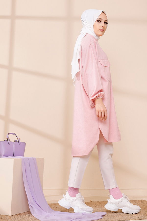 Düz Gömlek Yaka Kadın Pembe TUNIK - 13303 PEMBE