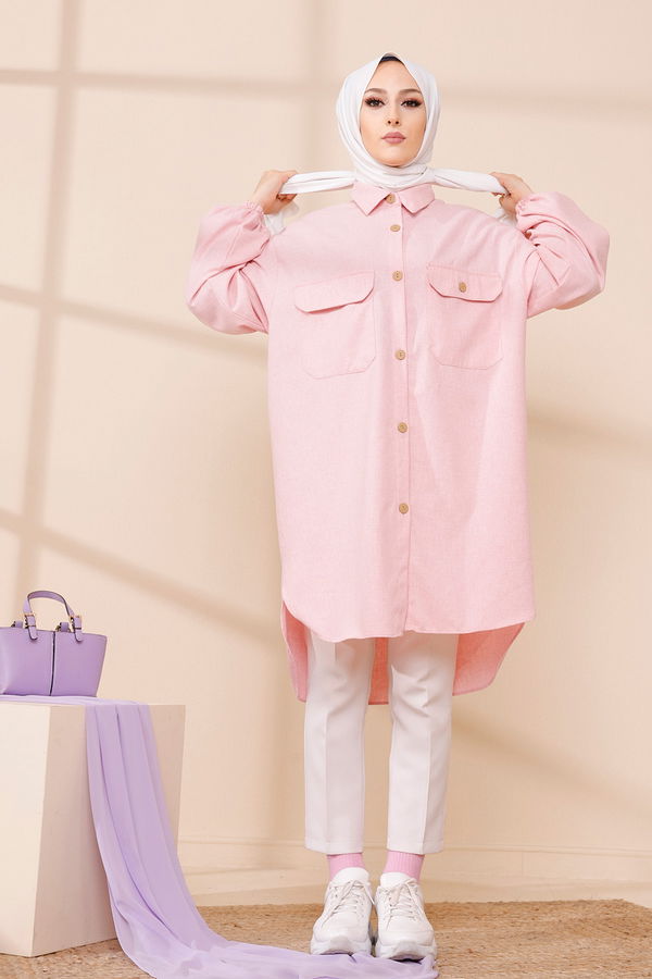 Düz Gömlek Yaka Kadın Pembe TUNIK - 13303 PEMBE