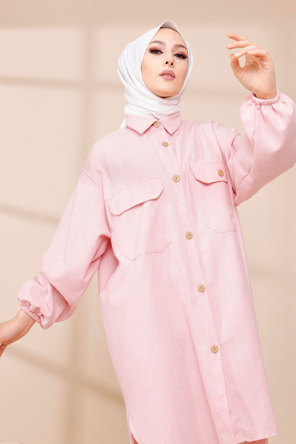 Düz Gömlek Yaka Kadın Pembe TUNIK - 13303 PEMBE