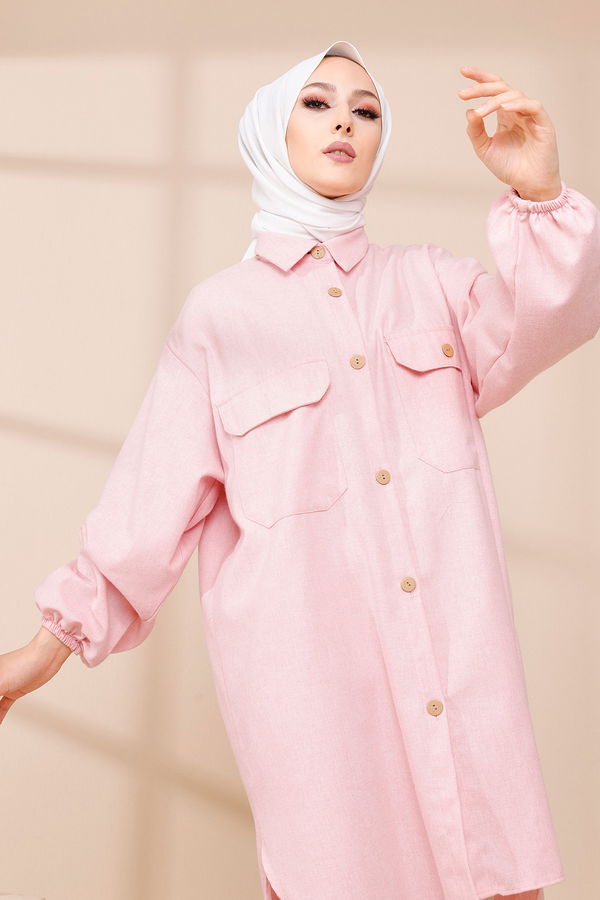 Düz Gömlek Yaka Kadın Pembe TUNIK - 13303 PEMBE