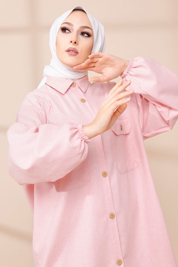Düz Gömlek Yaka Kadın Pembe TUNIK - 13303 PEMBE